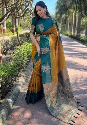 Mustard Printed Silk Blend Saree Set