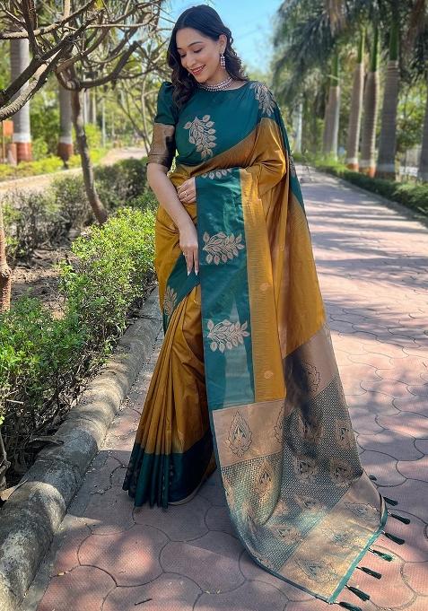 Mustard Printed Silk Blend Saree Set