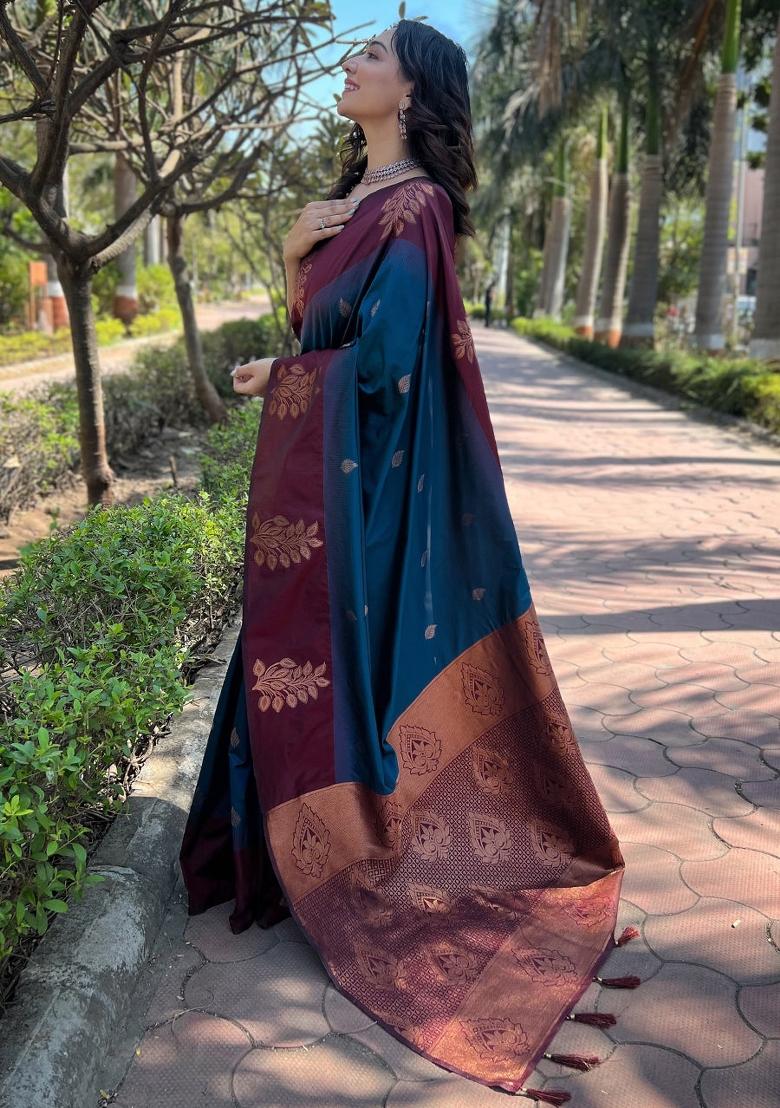 Maroon Printed Silk Blend Saree Set - Indya