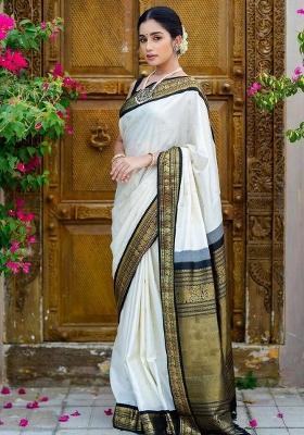 White Printed Silk Blend Saree Set
