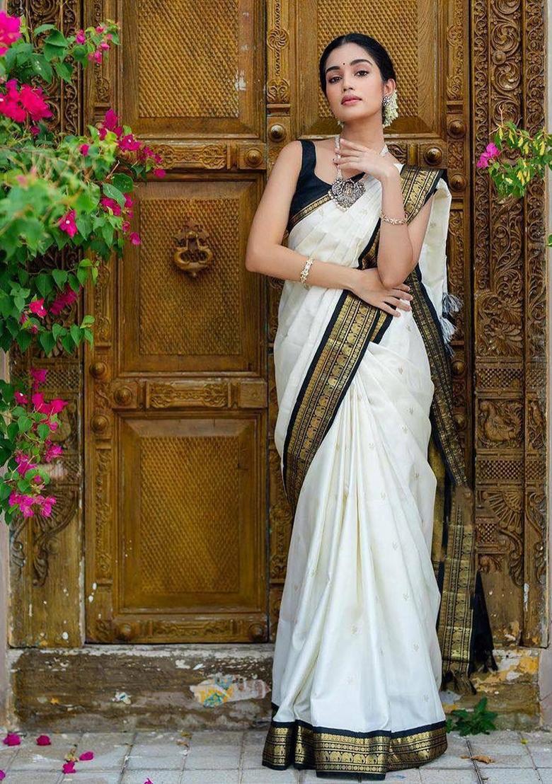White Printed Silk Blend Saree Set - Indya