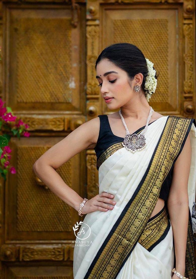 White Printed Silk Blend Saree Set - Indya