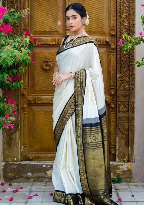 White Printed Silk Blend Saree Set