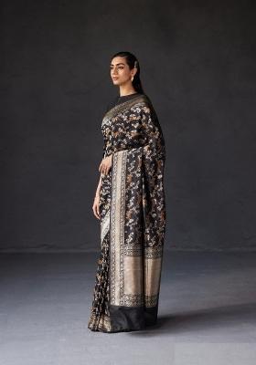 Black Printed Silk Blend Saree Set