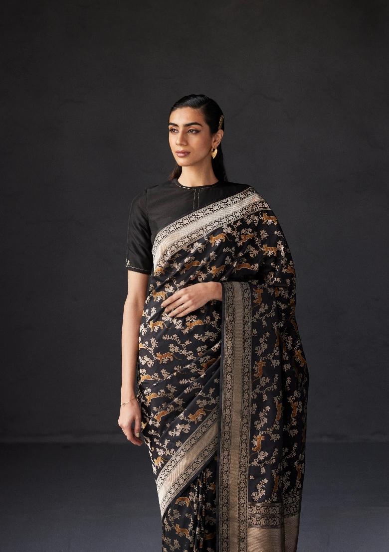 Black Printed Silk Blend Saree Set - Indya