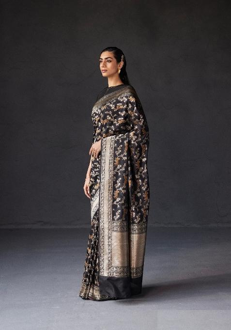 Black Printed Silk Blend Saree Set