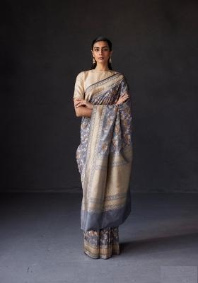 Grey Printed Silk Blend Saree Set