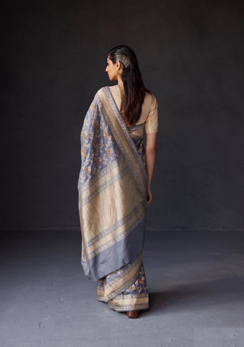 Grey Printed Silk Blend Saree Set - Indya