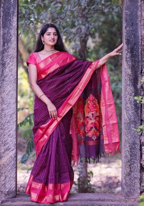 Multicolor Printed Silk Blend Saree Set