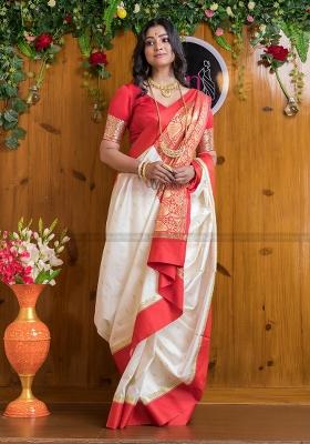 White Printed Silk Blend Saree Set
