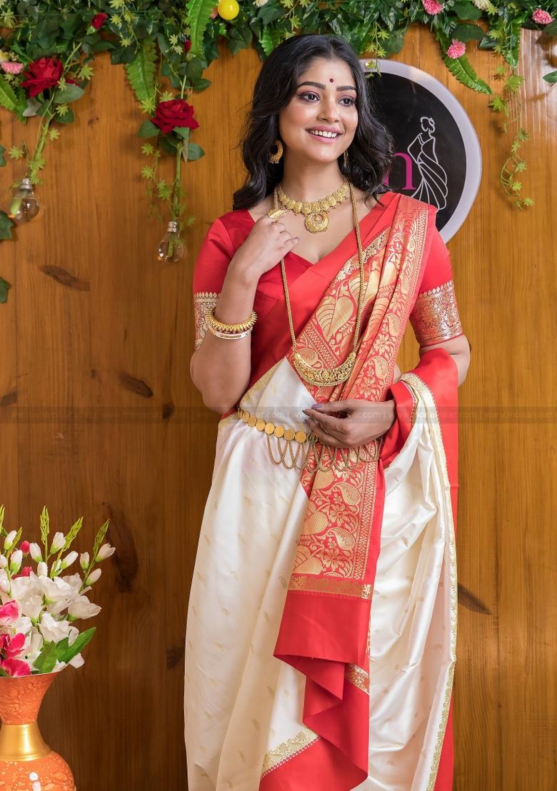 White Printed Silk Blend Saree Set - Indya