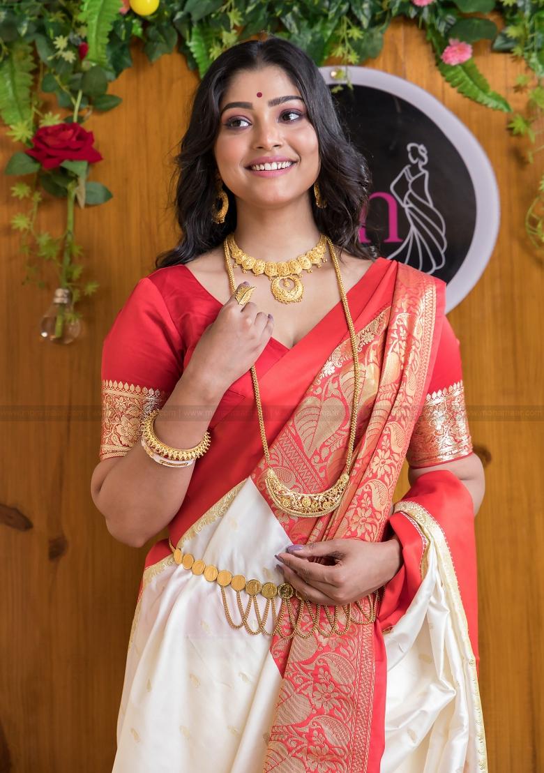 White Printed Silk Blend Saree Set - Indya