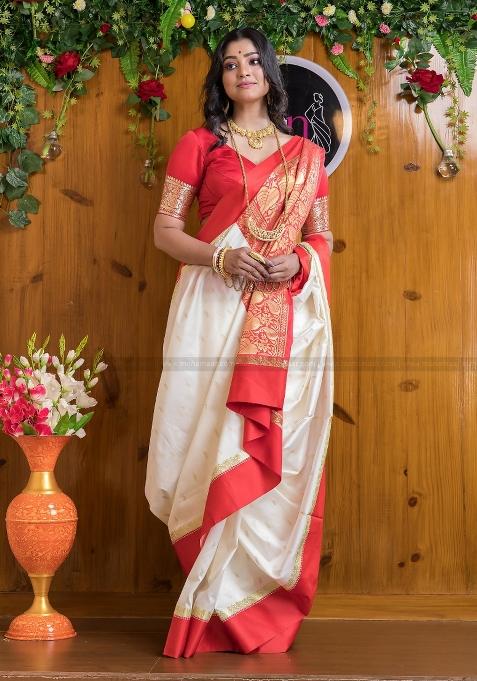 White Printed Silk Saree Set