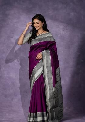 Purple Printed Silk Blend Saree Set