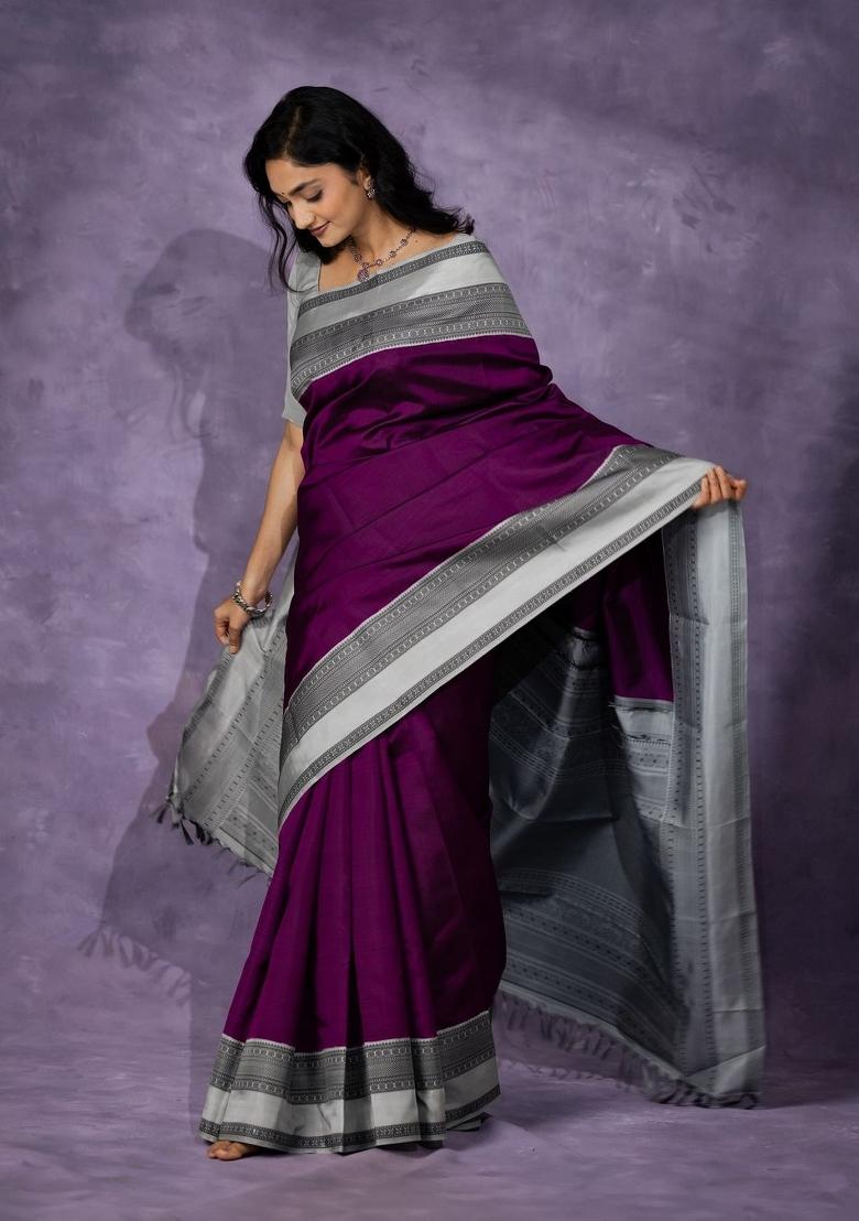 Purple Printed Silk Blend Saree Set - Indya