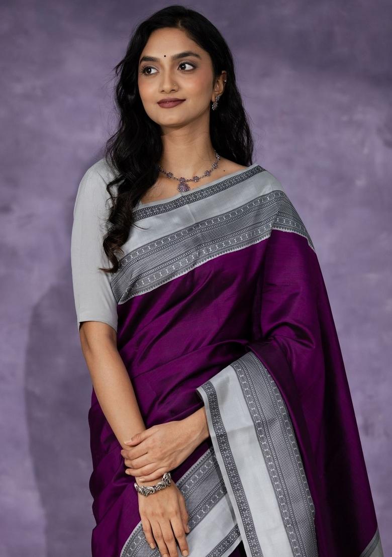 Purple Printed Silk Blend Saree Set - Indya
