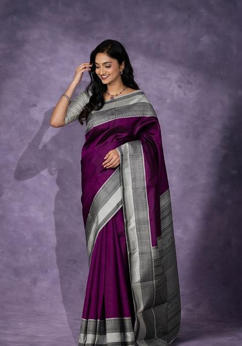 Purple Printed Silk Blend Saree Set