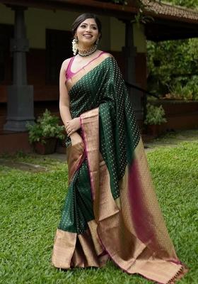 Green Printed Silk Blend Saree Set