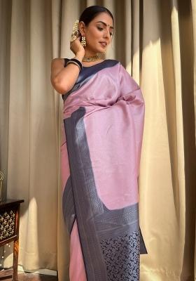 Pink Printed Silk Blend Saree Set