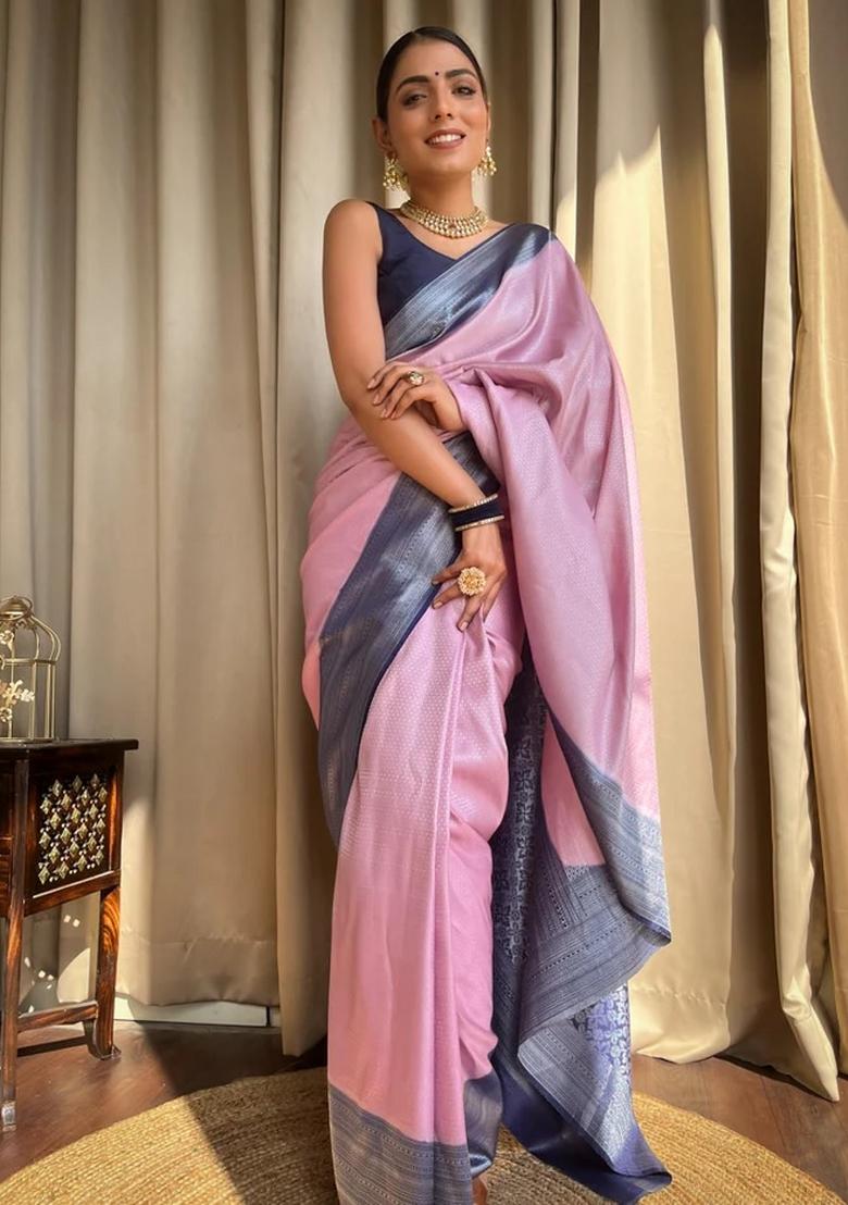 Pink Printed Silk Blend Saree Set - Indya
