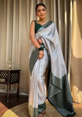 Grey Printed Silk Blend Saree Set