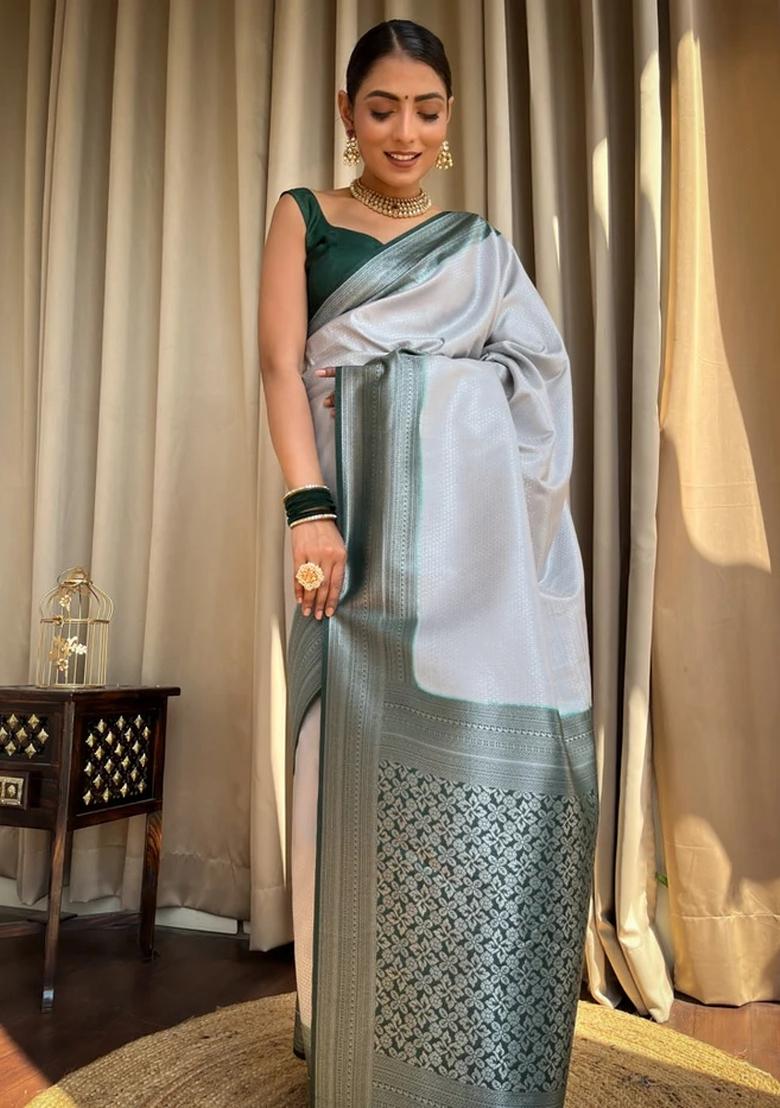 Grey Printed Silk Blend Saree Set - Indya