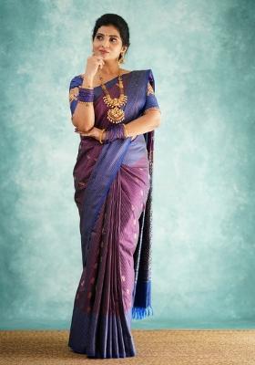 Purple Printed Silk Blend Saree Set