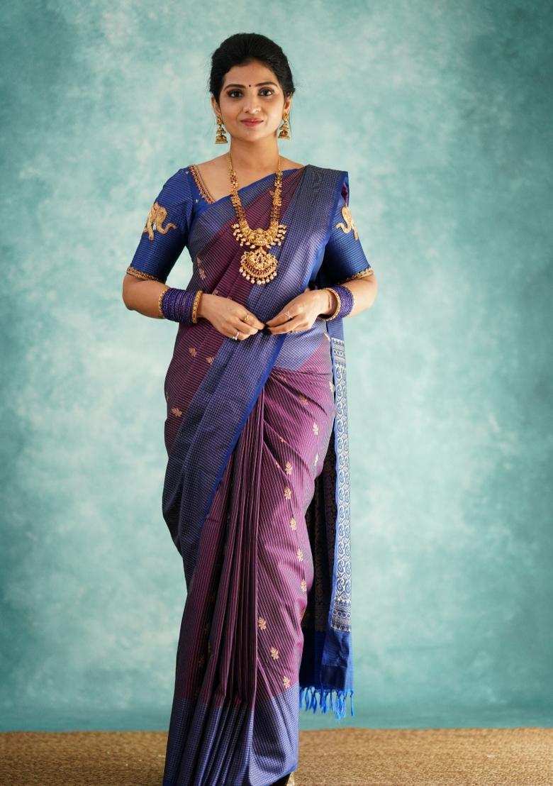 Purple Printed Silk Blend Saree Set - Indya