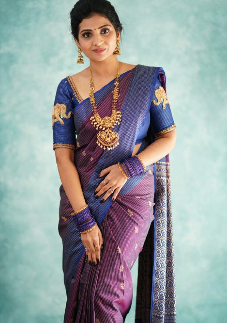 Purple Printed Silk Blend Saree Set - Indya
