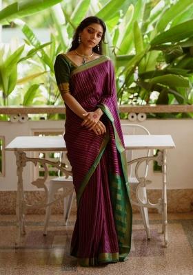 Purple Printed Silk Blend Saree Set