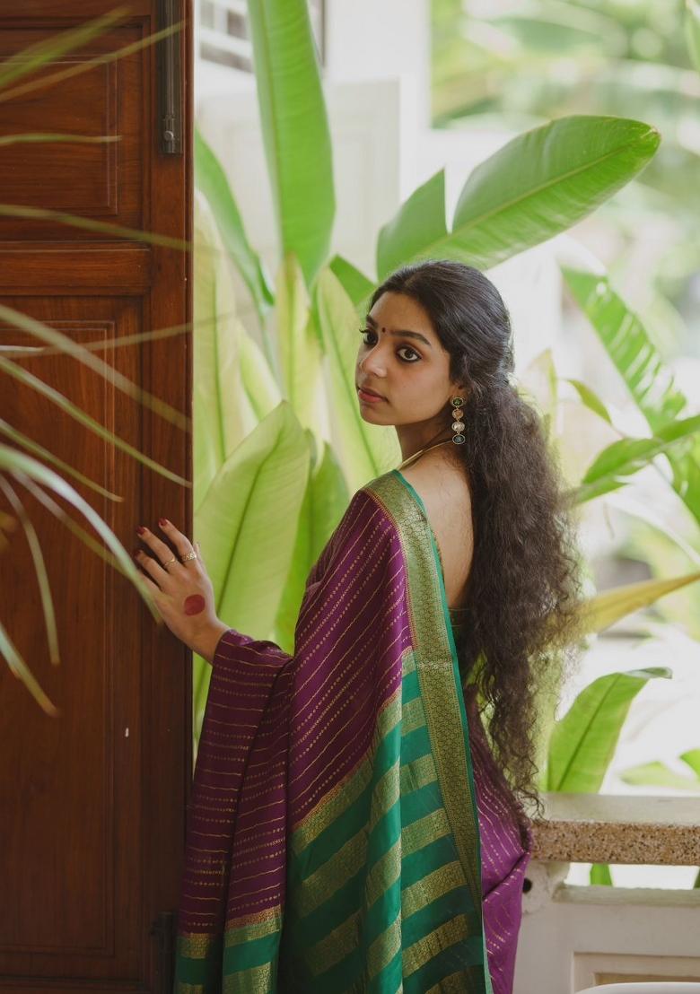 Purple Printed Silk Blend Saree Set - Indya