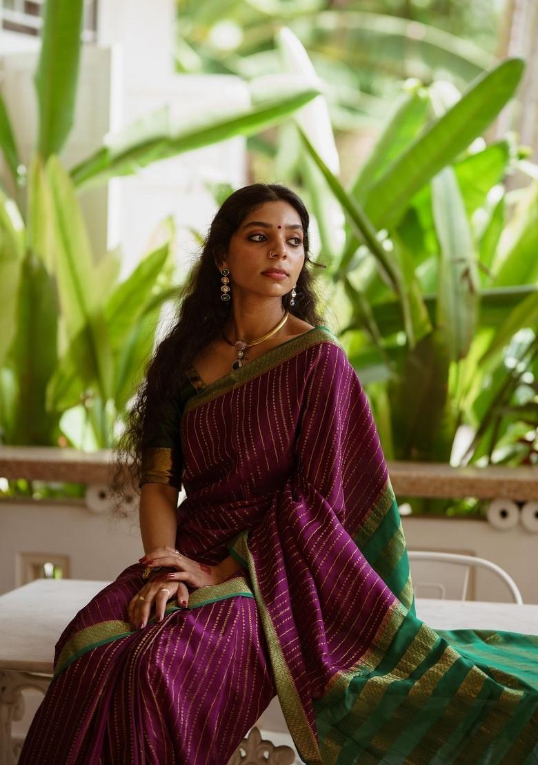 Purple Printed Silk Blend Saree Set - Indya