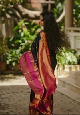 Black Printed Silk Blend Saree Set