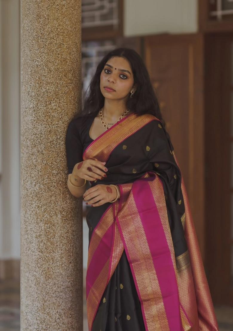 Black Printed Silk Blend Saree Set - Indya