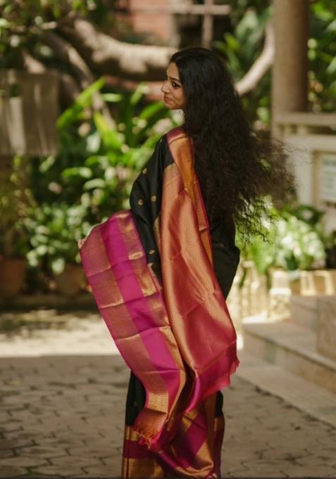 Black Printed Silk Blend Saree Set