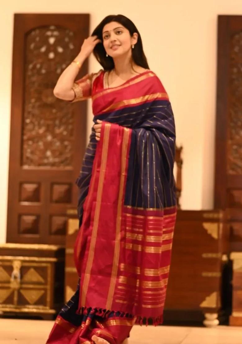 Red Printed Silk Blend Saree Set - Indya