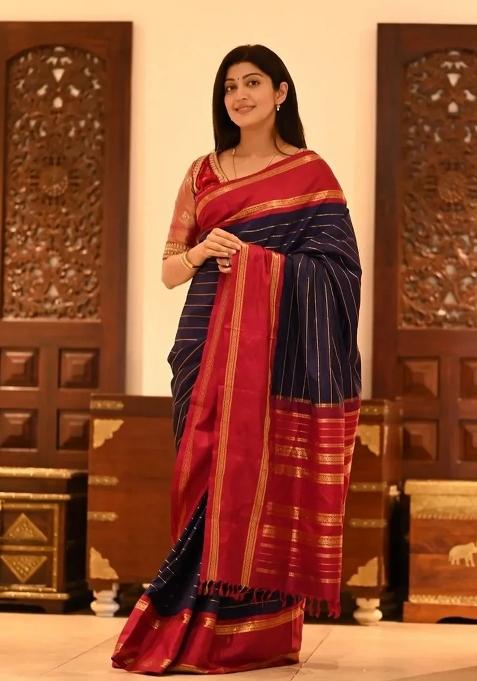 Red Printed Silk Blend Saree Set