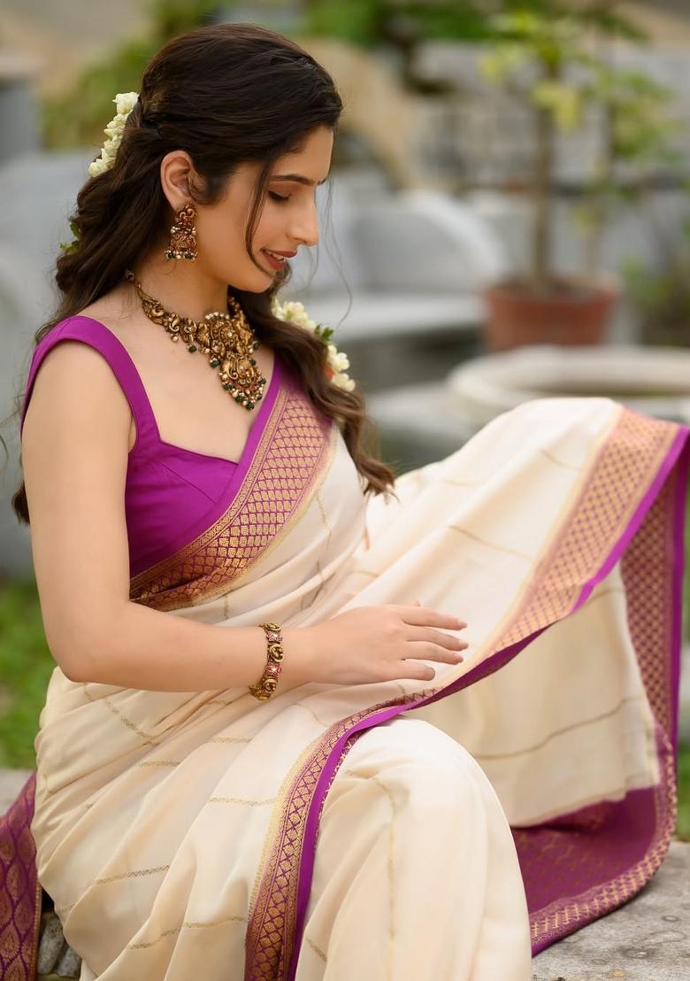 Cream Printed Silk Blend Saree Set - Indya