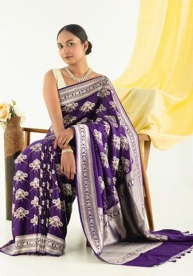 Purple Printed Silk Blend Saree Set