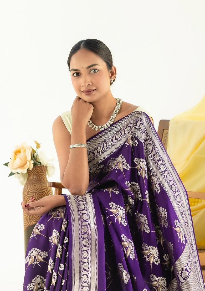 Purple Printed Silk Blend Saree Set - Indya