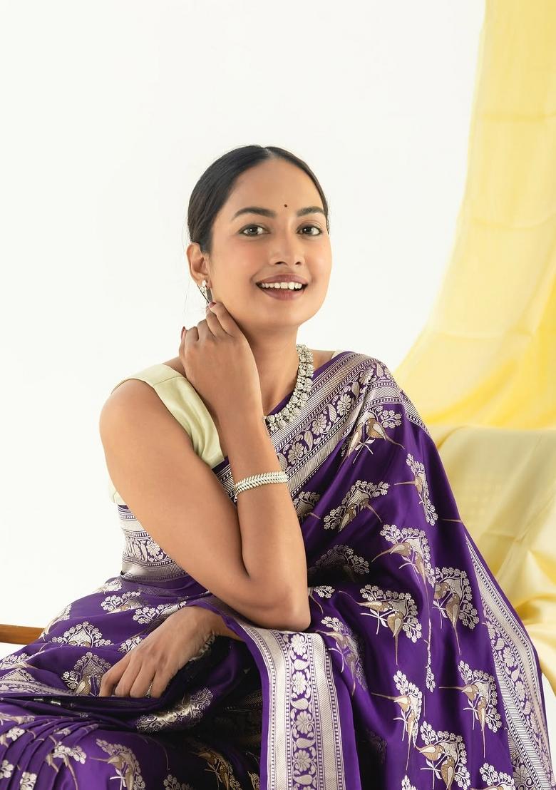 Purple Printed Silk Blend Saree Set - Indya