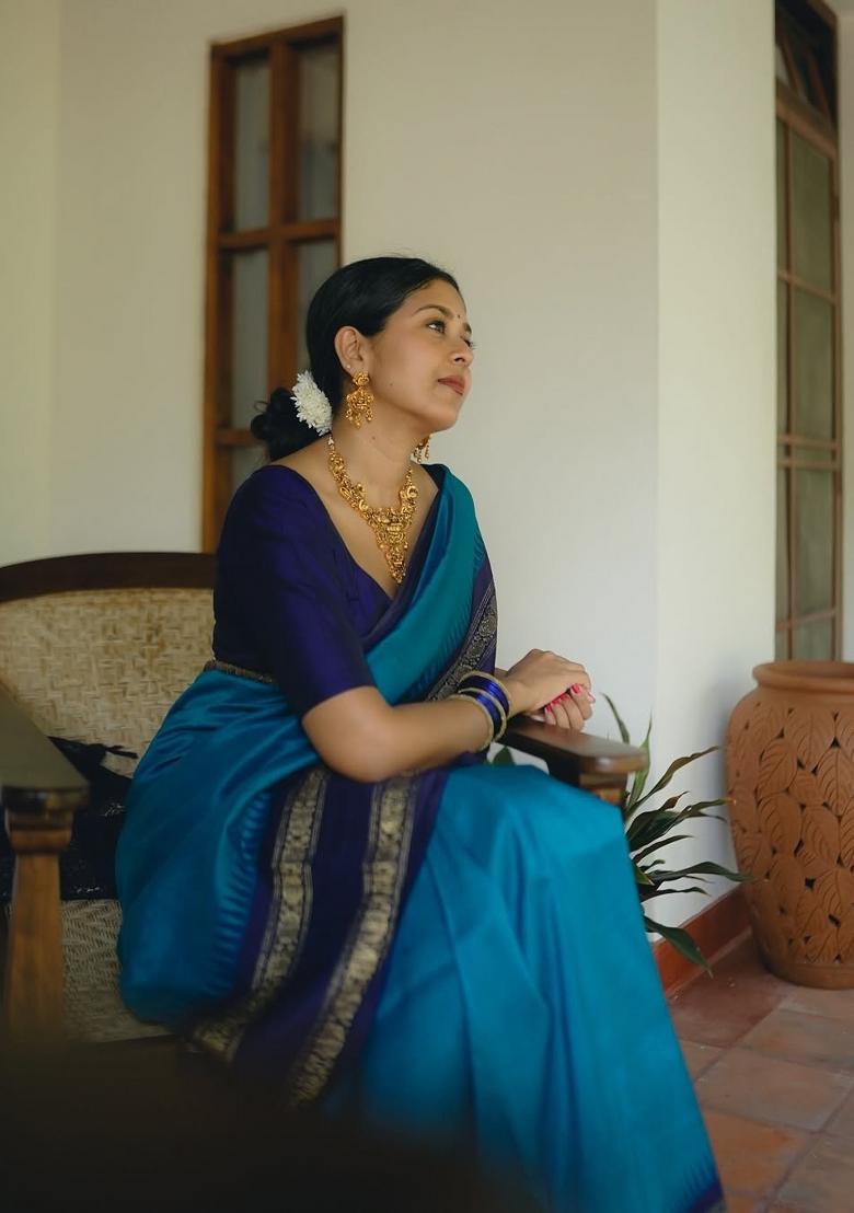 Blue Printed Silk Blend Saree Set - Indya