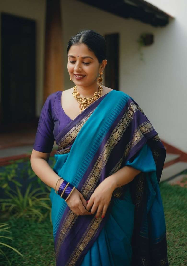Blue Silk Blend Saree Set with Printed for Diwali | Wedding & Festive Wear - Indya