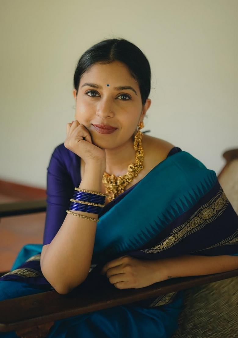 Blue Printed Silk Blend Saree Set - Indya
