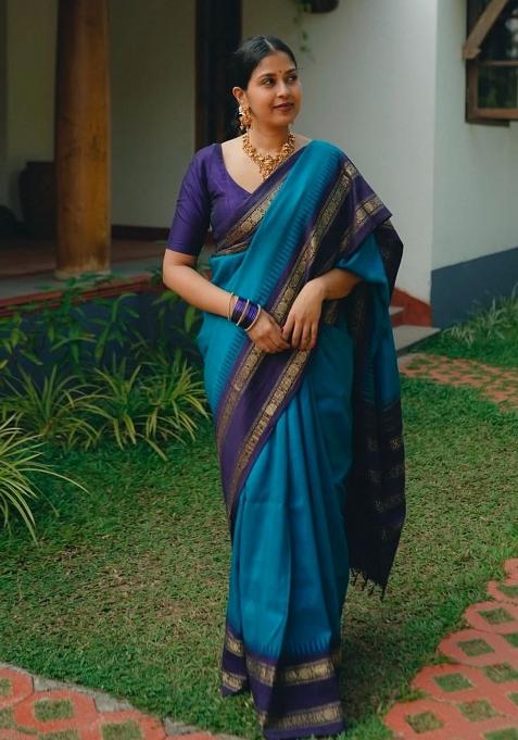 Blue Printed Silk Blend Saree Set
