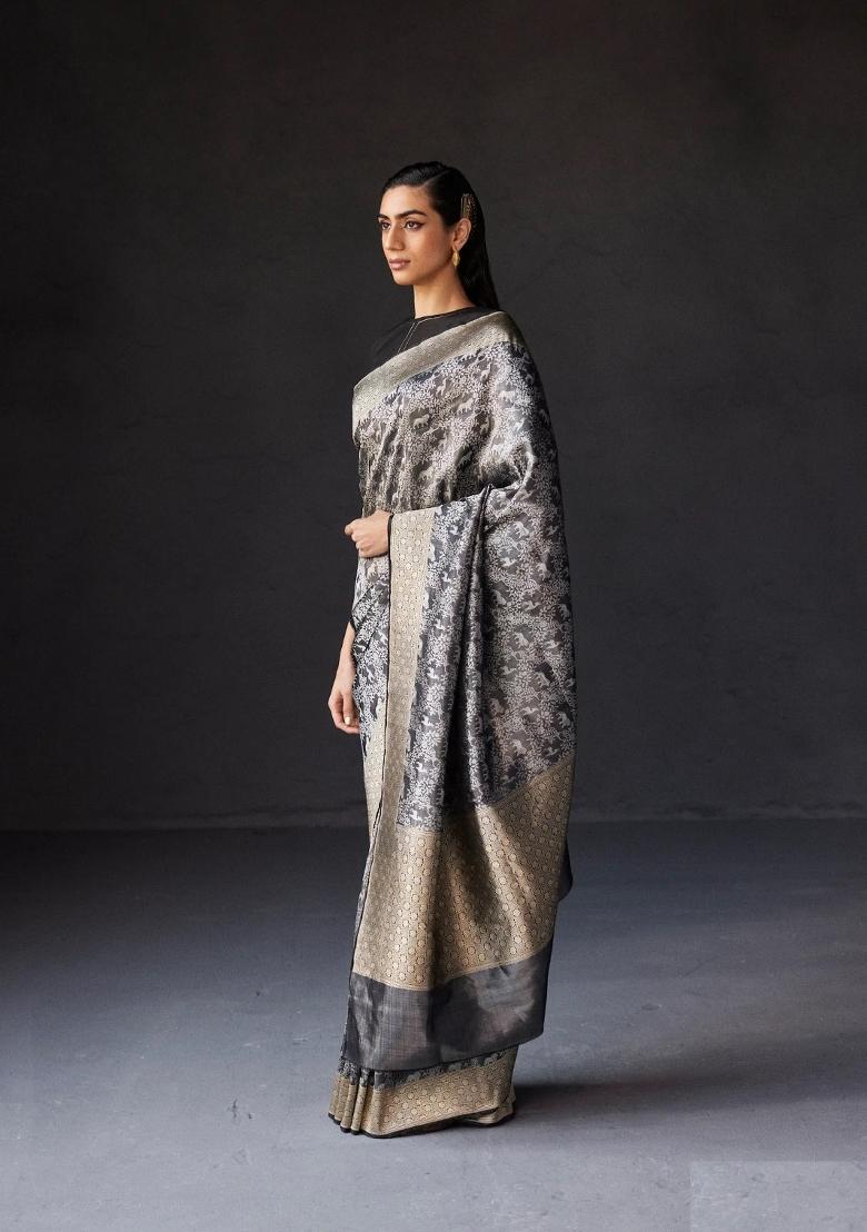 Grey Printed Silk Blend Saree Set - Indya