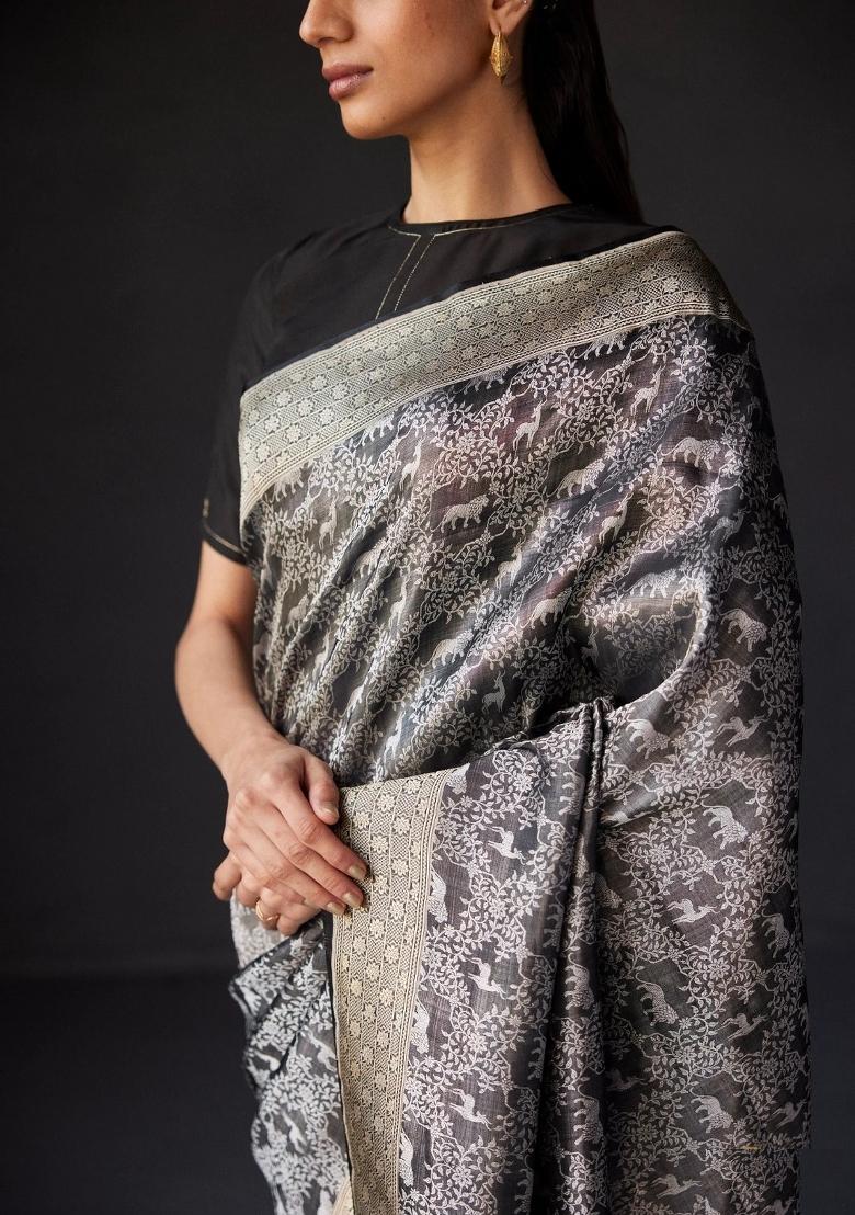 Grey Printed Silk Blend Saree Set - Indya