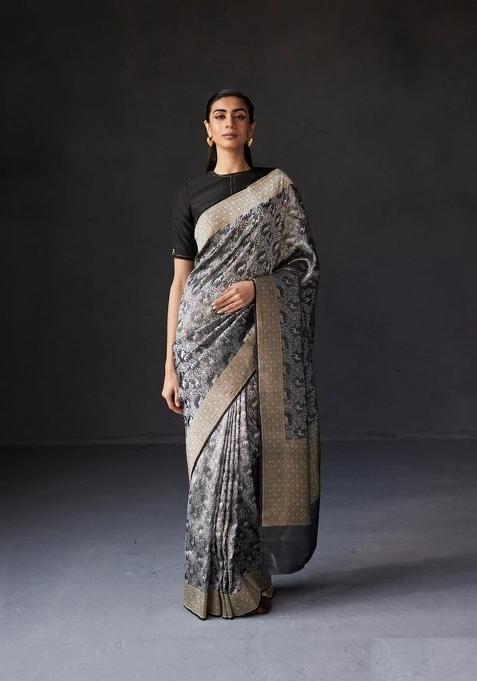 Grey Printed Silk Blend Saree Set