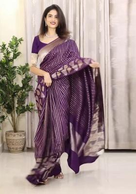 Purple Printed Silk Blend Saree Set