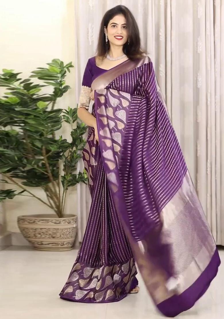 Purple Printed Silk Blend Saree Set - Indya